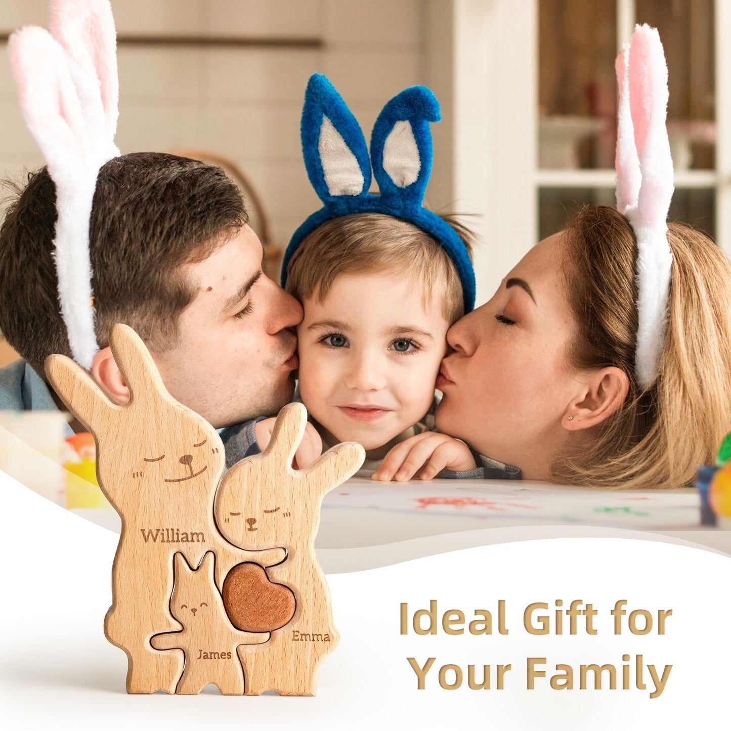 Personalized wooden rabbit family puzzle, ideal gift for families, featuring names and cute design.