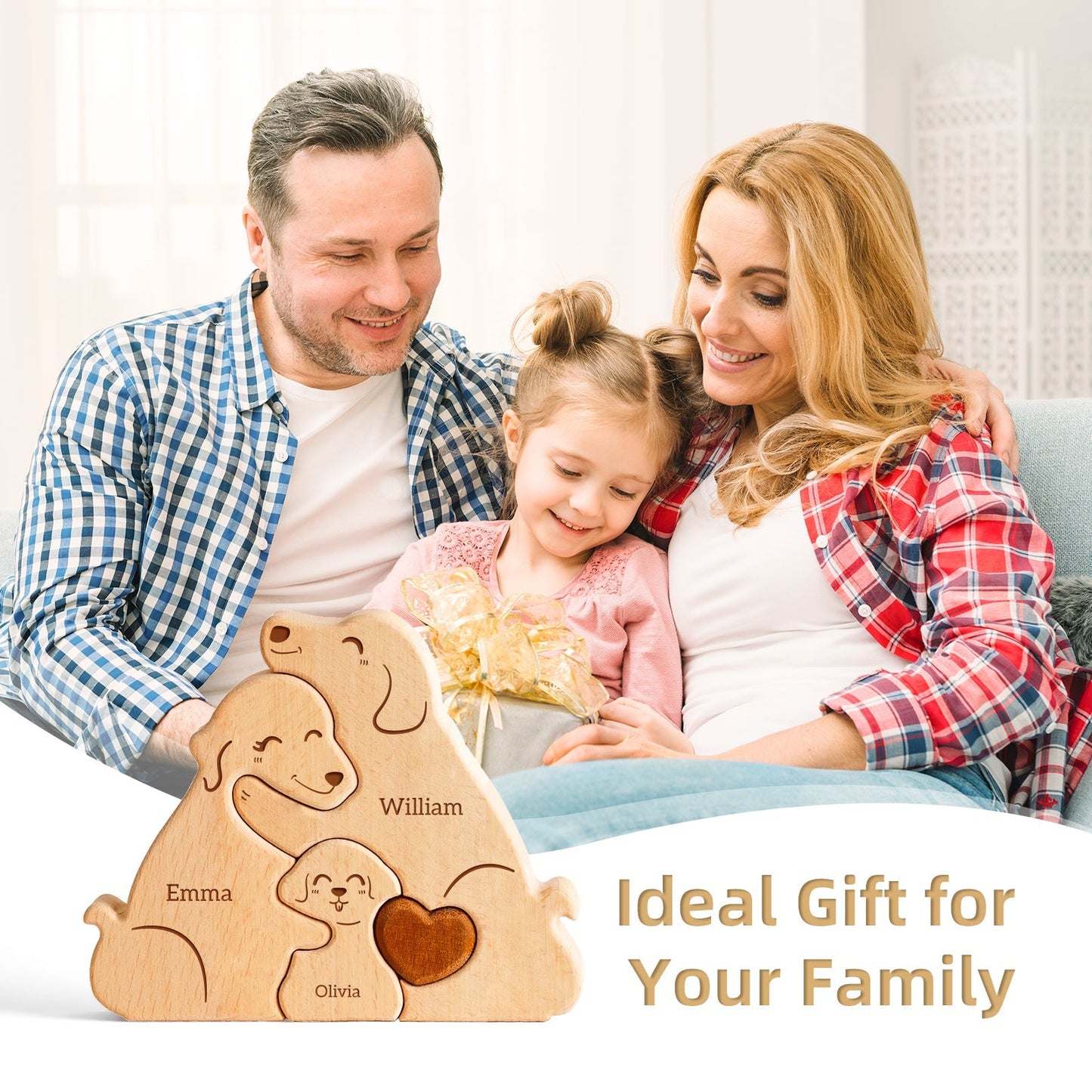 Personalized wooden dog family puzzle decor with names, ideal gift for family celebrations and special occasions.