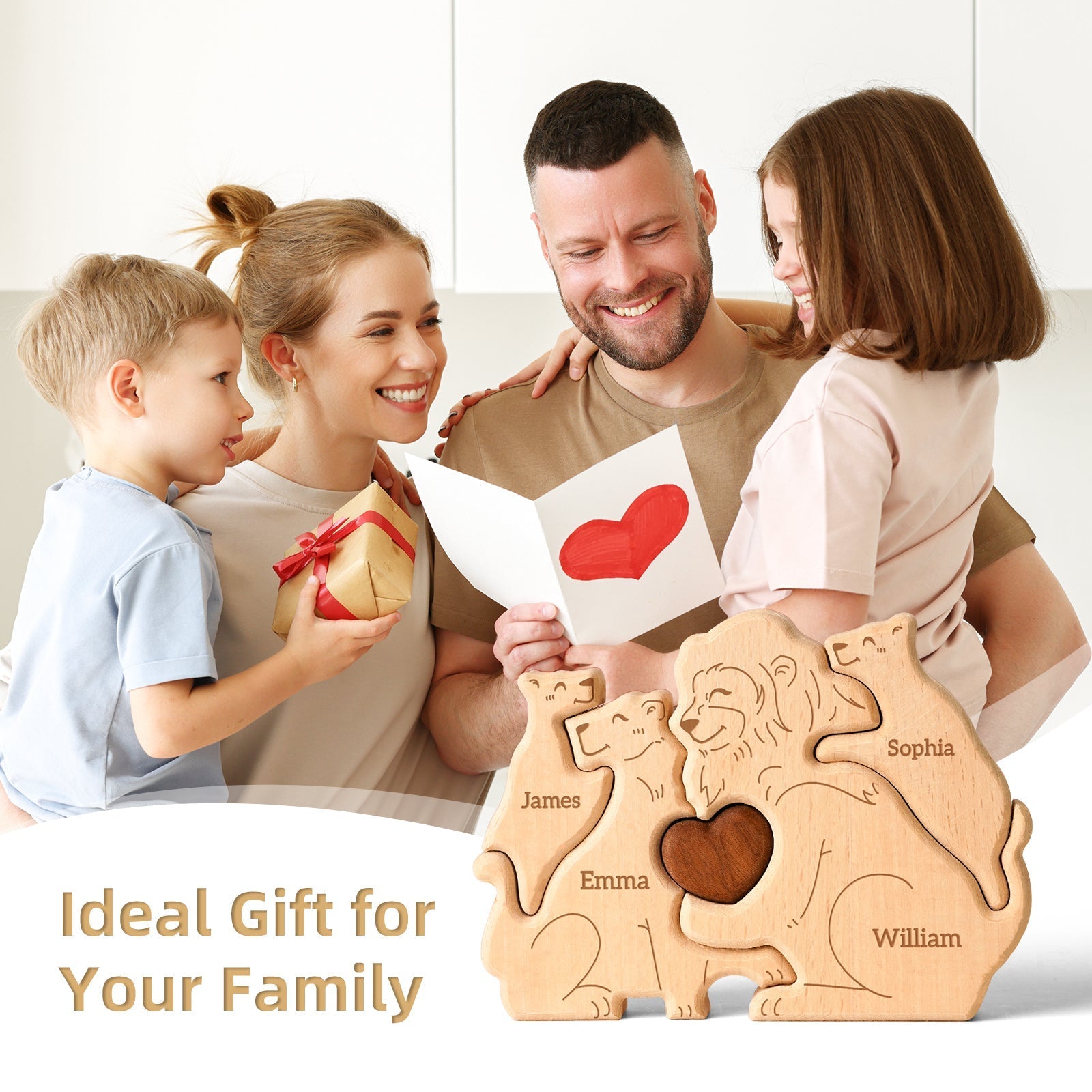 Family enjoying a personalized wooden lion puzzle, ideal gift for family celebrations and special occasions.