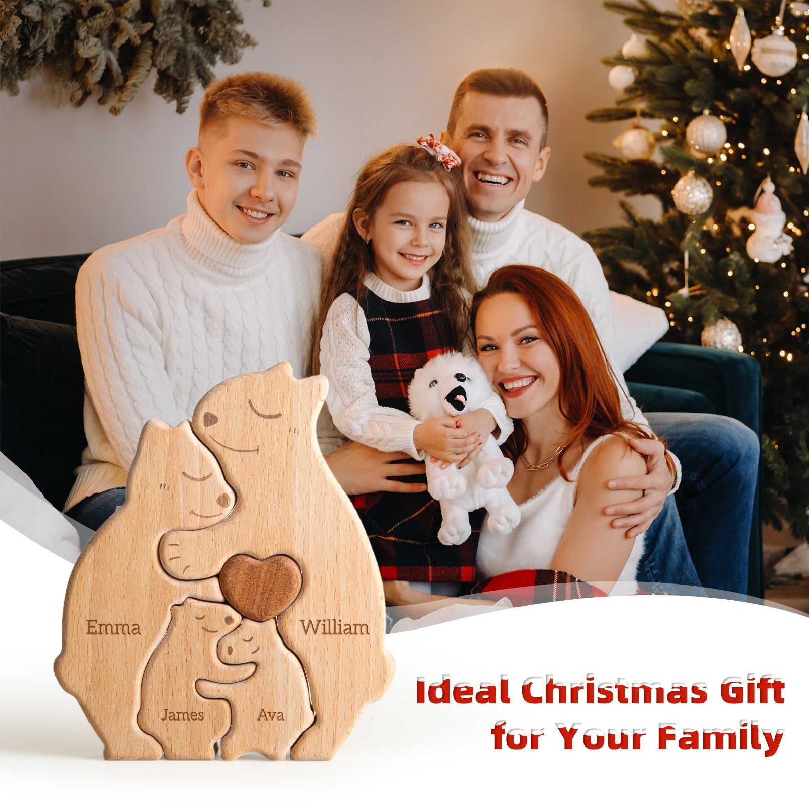 Personalized wooden bear family puzzle decor, ideal Christmas gift for families, with names Emma, William, James, and Ava.