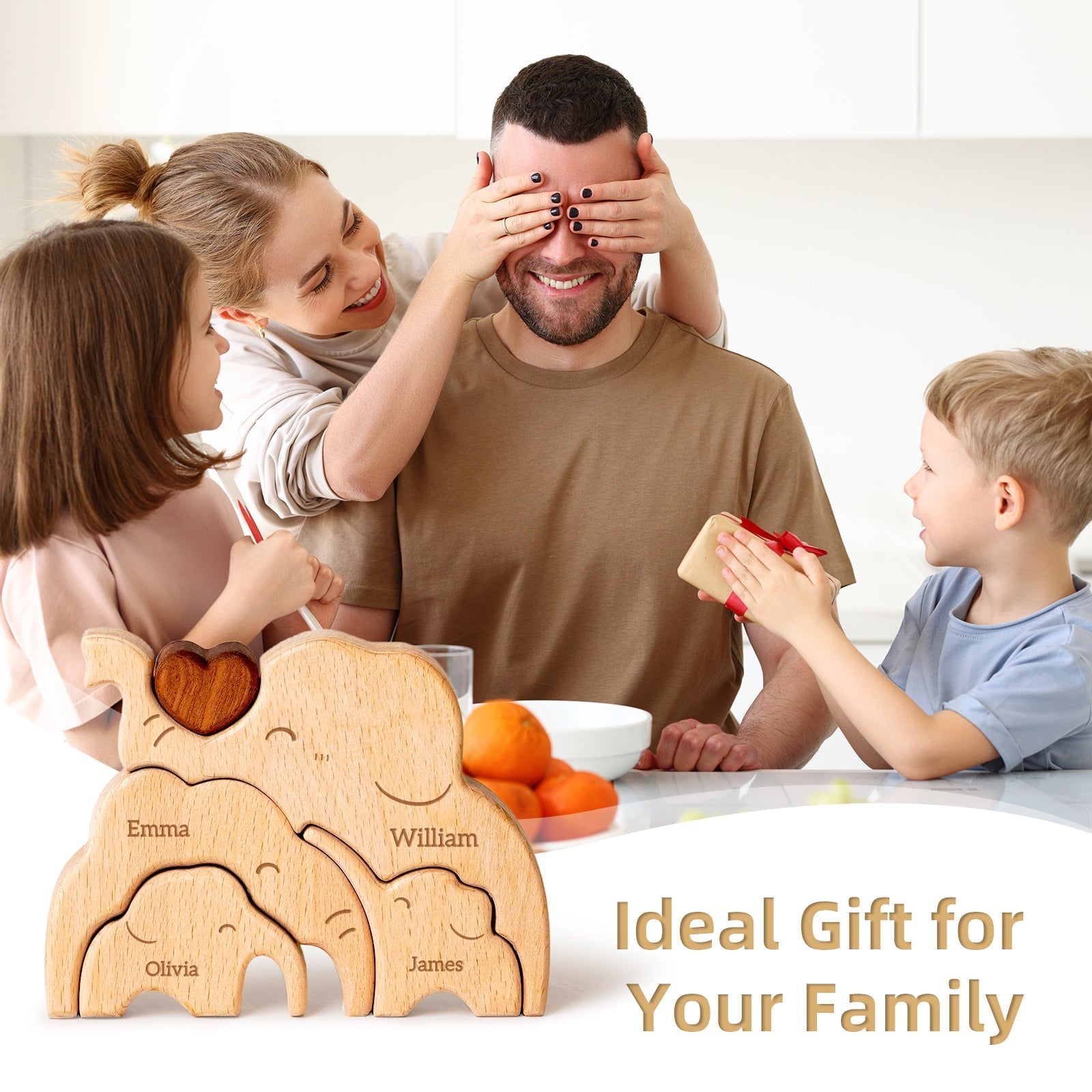 Personalized wooden elephant puzzle decor with family names, perfect gift for mom, dad, and kids.