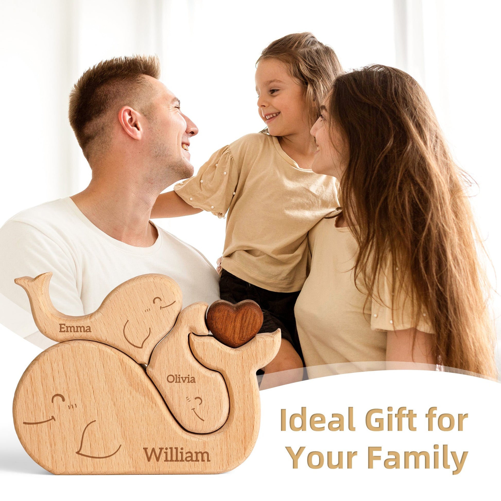 Personalized wooden family puzzle decor featuring names Emma, Olivia, and William, ideal gift for family celebrations.