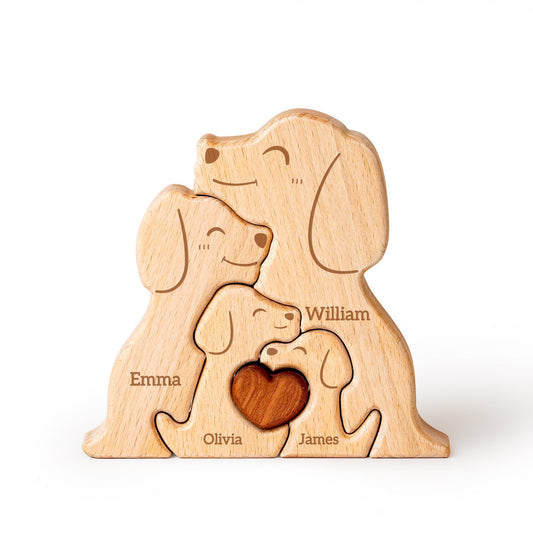Personalized wooden dog family puzzle decor featuring names Emma, William, Olivia, and James, ideal for family gifts.