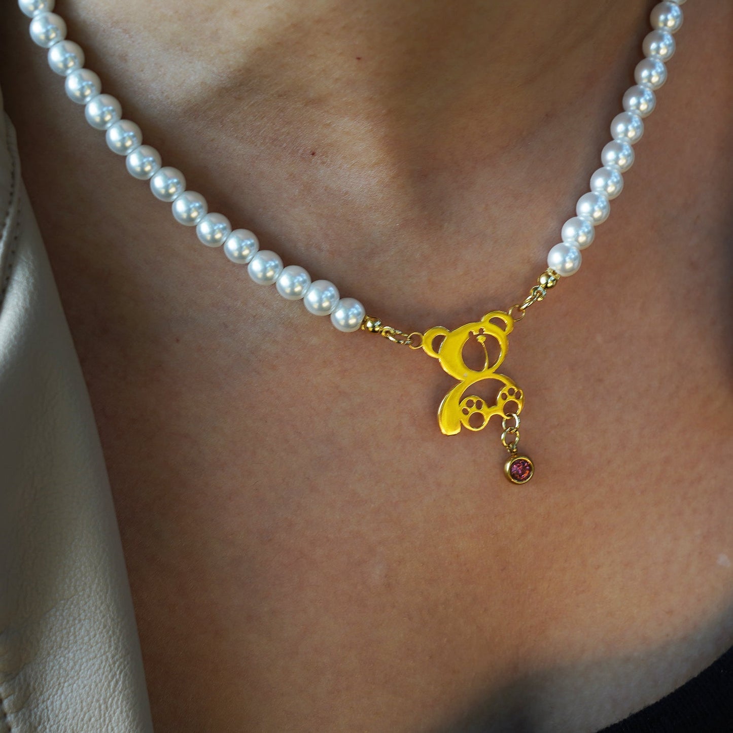 Personalized Birthstone Pearl Bear Pendant Necklace