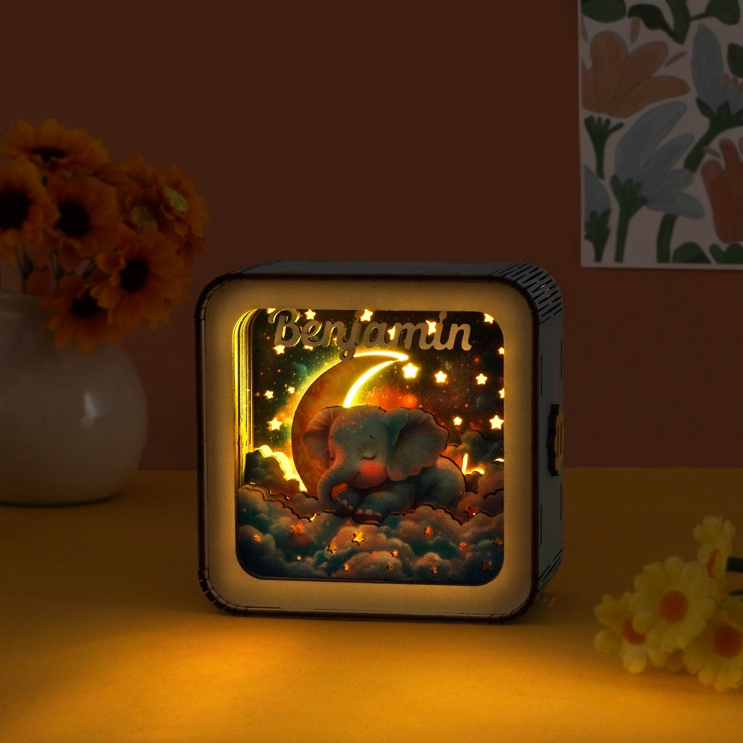 Personalized 3D Wooden Puzzle Baby Night Light - Elephant Design