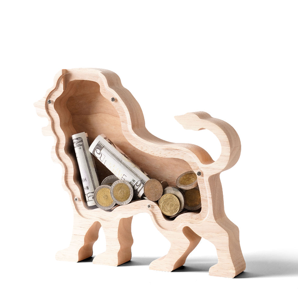 Personalized Wooden Lion Piggy Bank for Kids