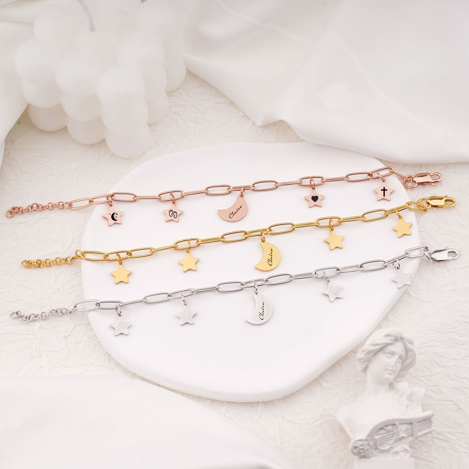 Star and moon charm engravable name kids bracelet with up to 4 engraved elements