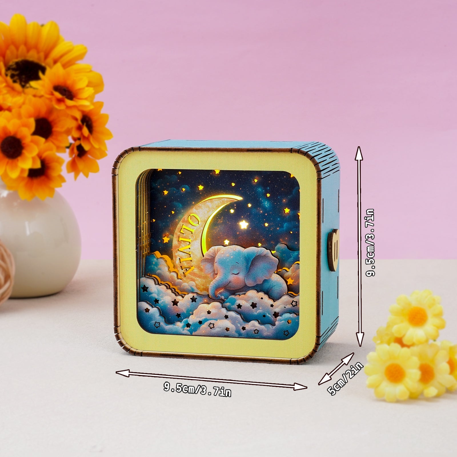 Personalized 3D Wooden Puzzle Baby Night Light - Sleeping Elephant & Moon