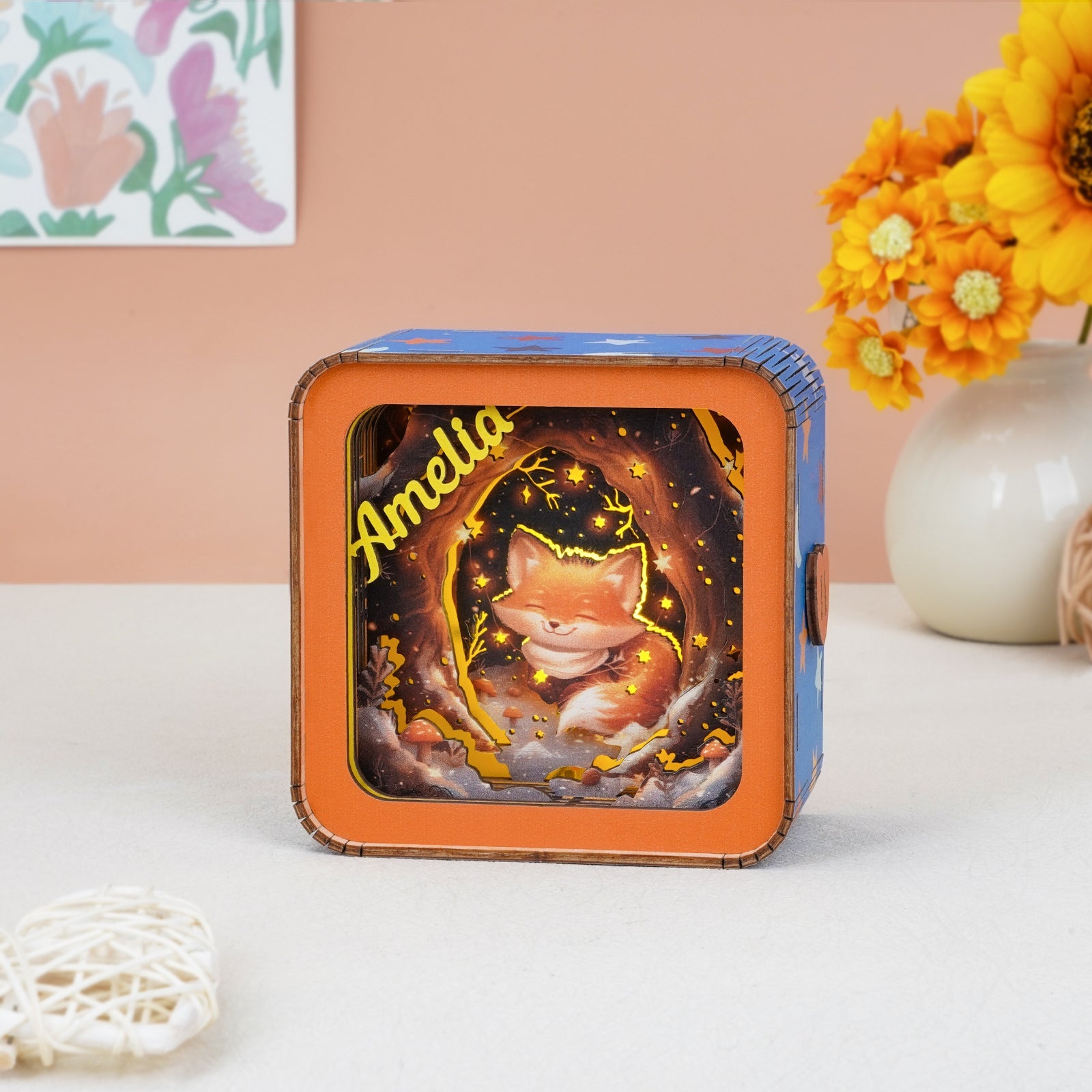 Personalized 3D Wooden Puzzle Baby Night Light - Fox Design