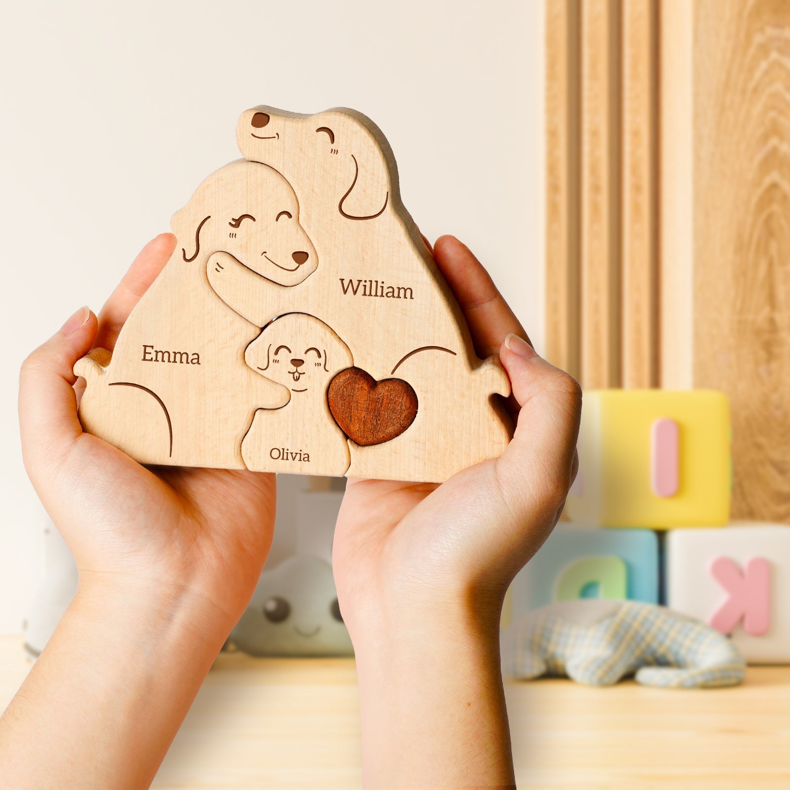 Personalized wooden dog family puzzle with names Emma, William, and Olivia, symbolizing family love and togetherness.