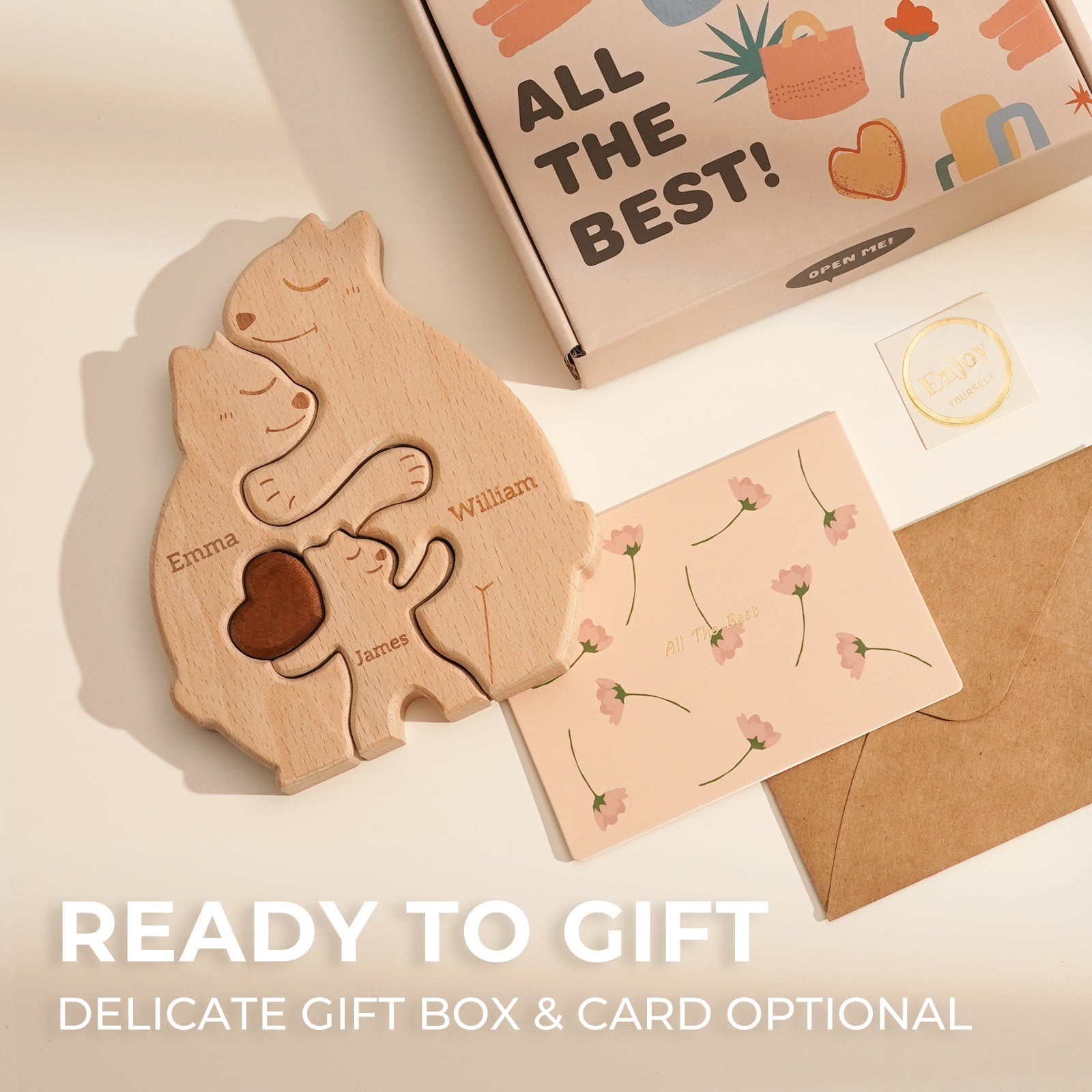 Personalized wooden bear family puzzle with names Emma, William, and James, featuring a gift box and card.