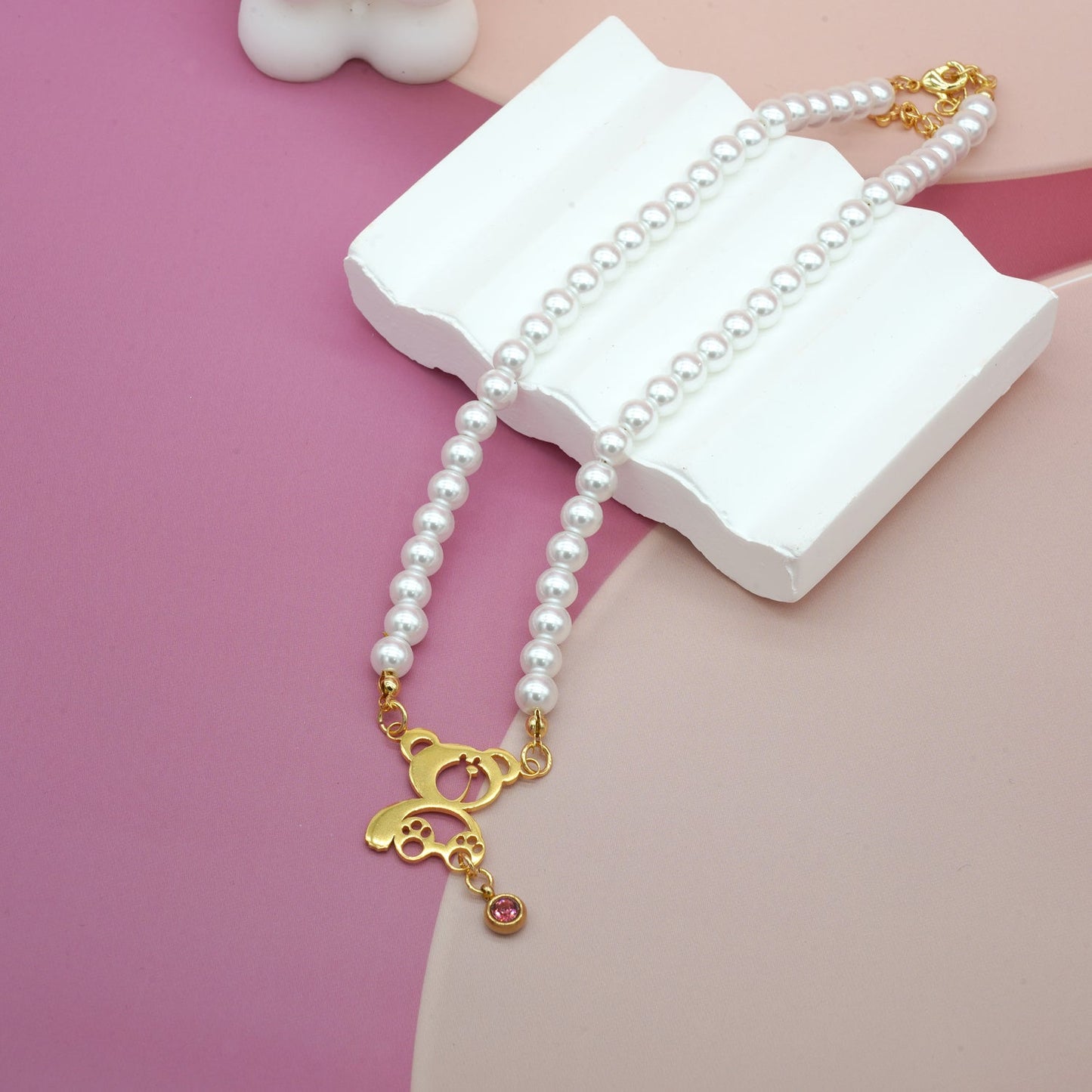 Personalized Birthstone Pearl Bear Pendant Necklace