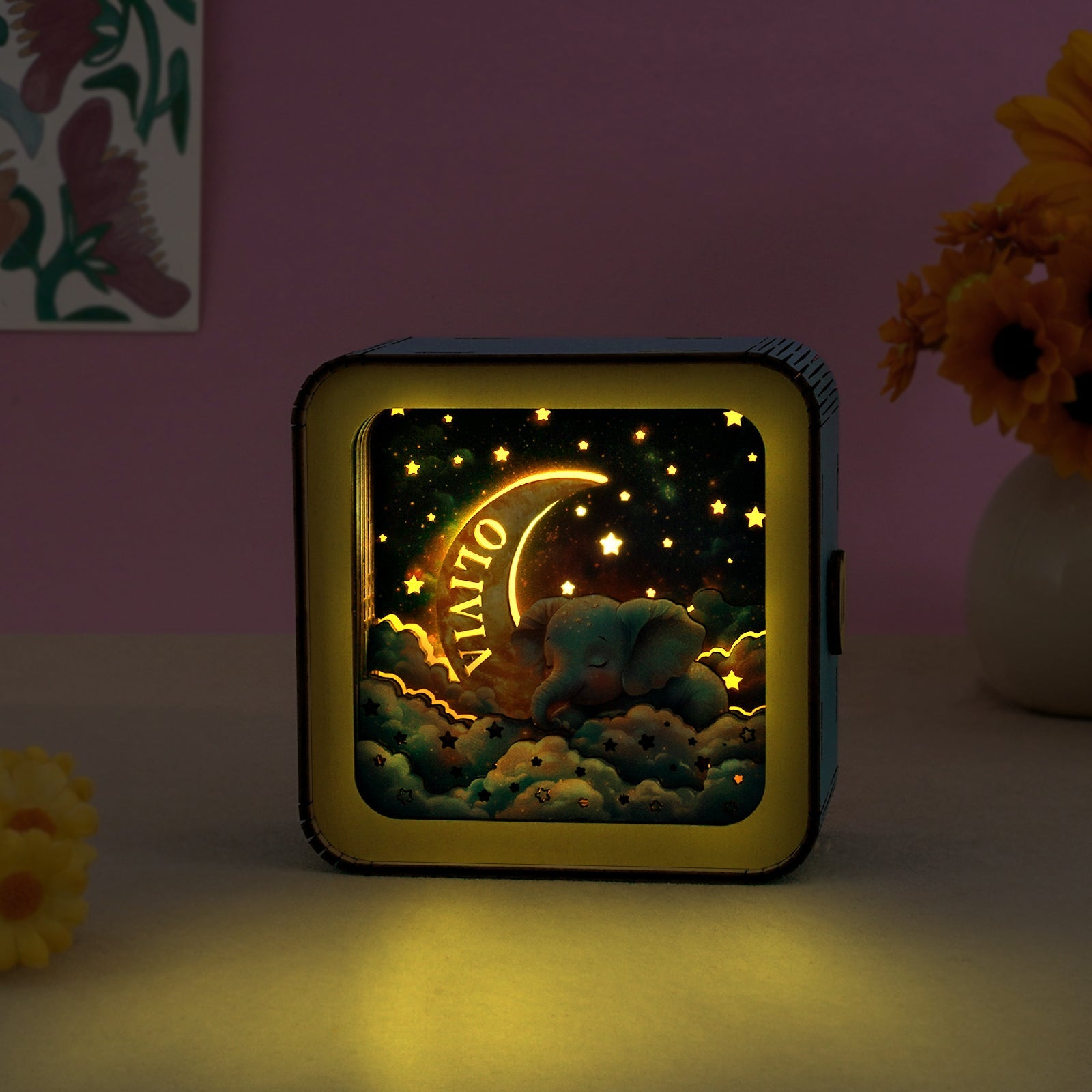 Personalized 3D Wooden Puzzle Baby Night Light - Sleeping Elephant & Moon