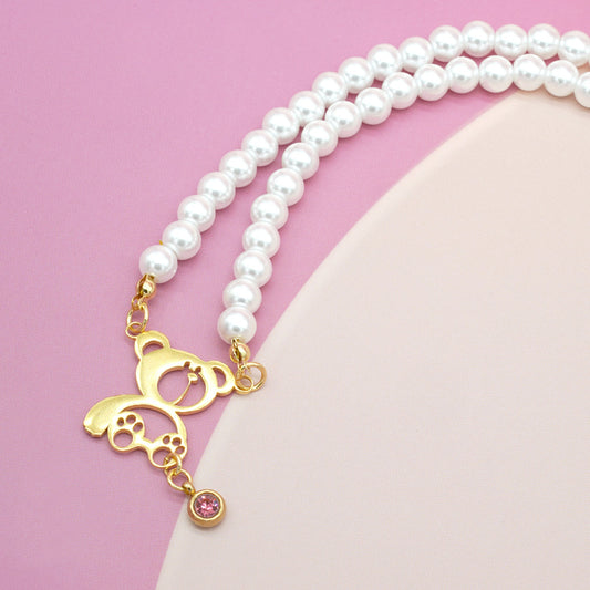 Personalized Birthstone Pearl Bear Pendant Necklace