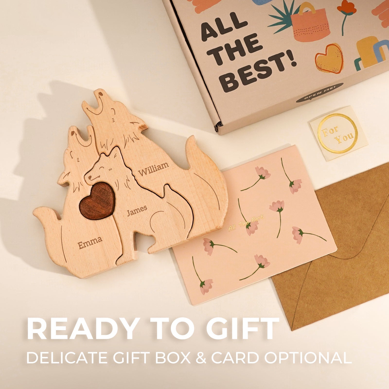 Personalized wooden wolf family puzzle with custom names, ready to gift in a delicate box and card.
