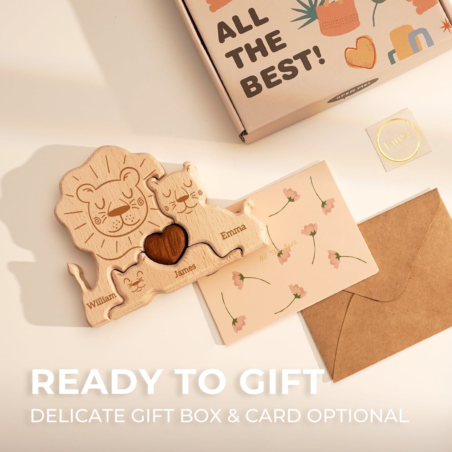 Personalized wooden lion family puzzle with names, ready to gift in an elegant packaging.