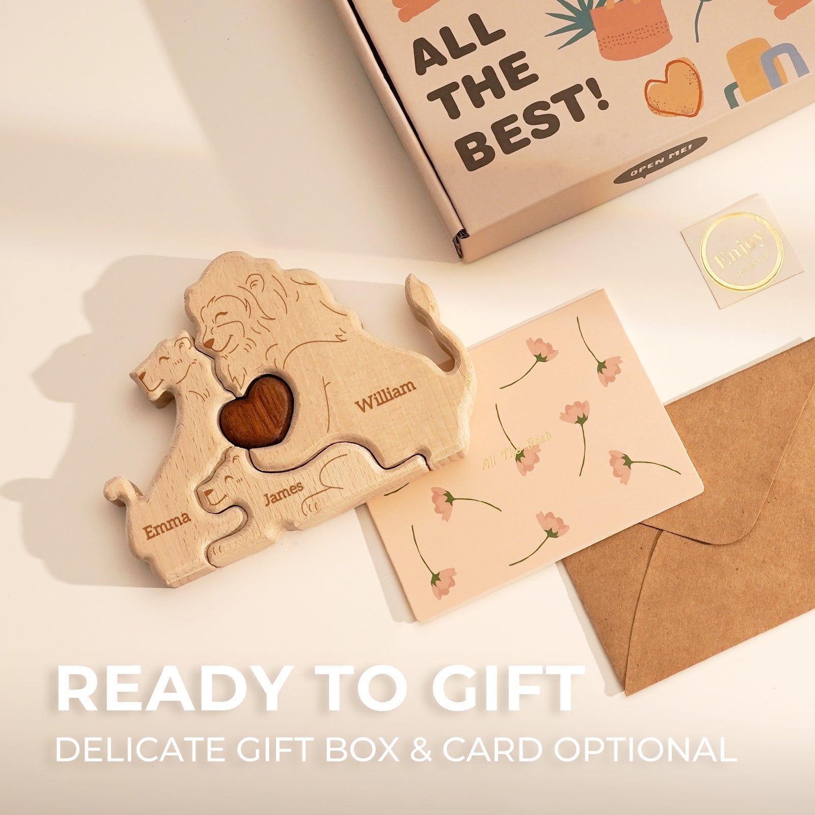 Personalized wooden lion family puzzle with names, ready to gift in a delicate box and card.