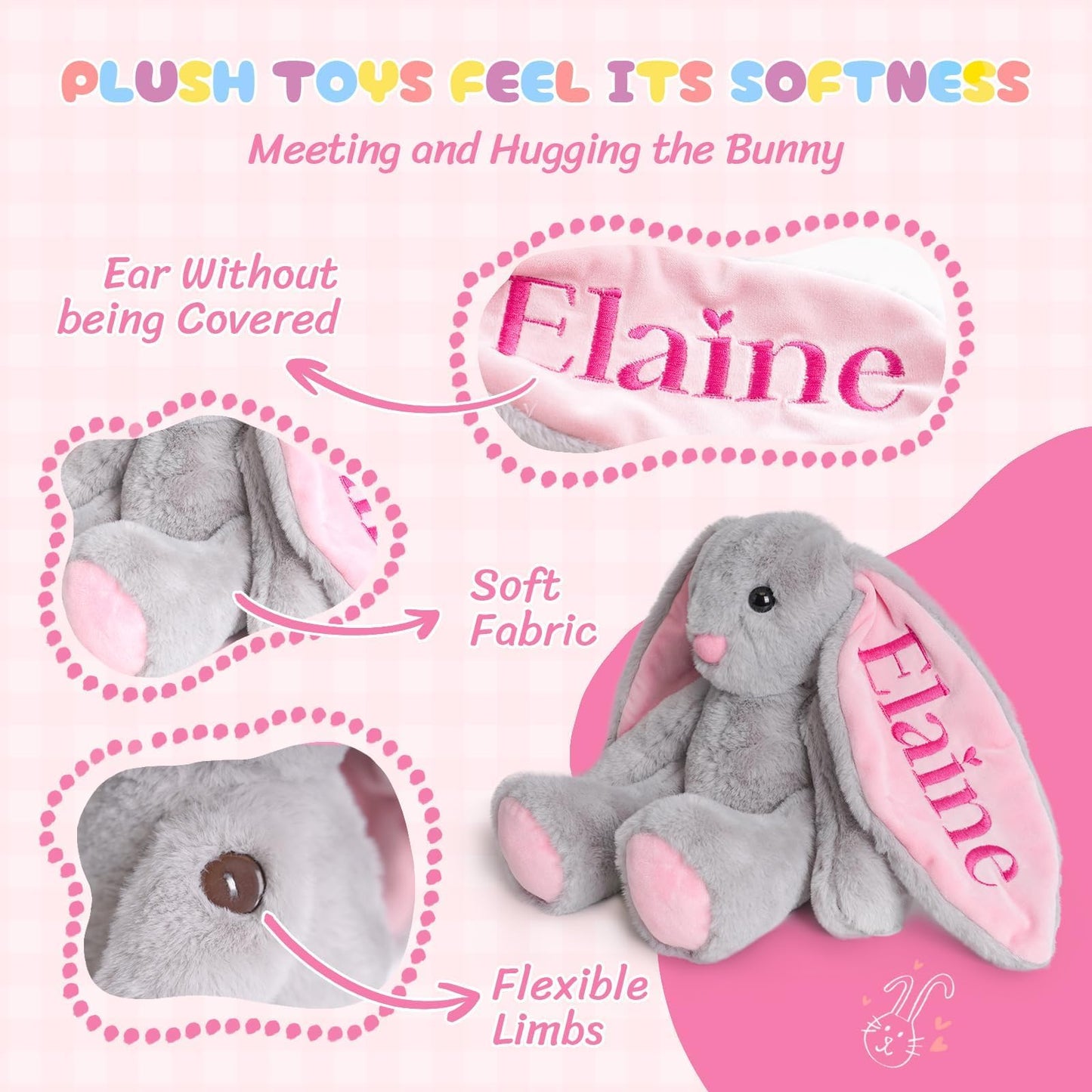 Personalized plush bunny with embroidered name, soft fabric, and flexible limbs for cuddly playtime.