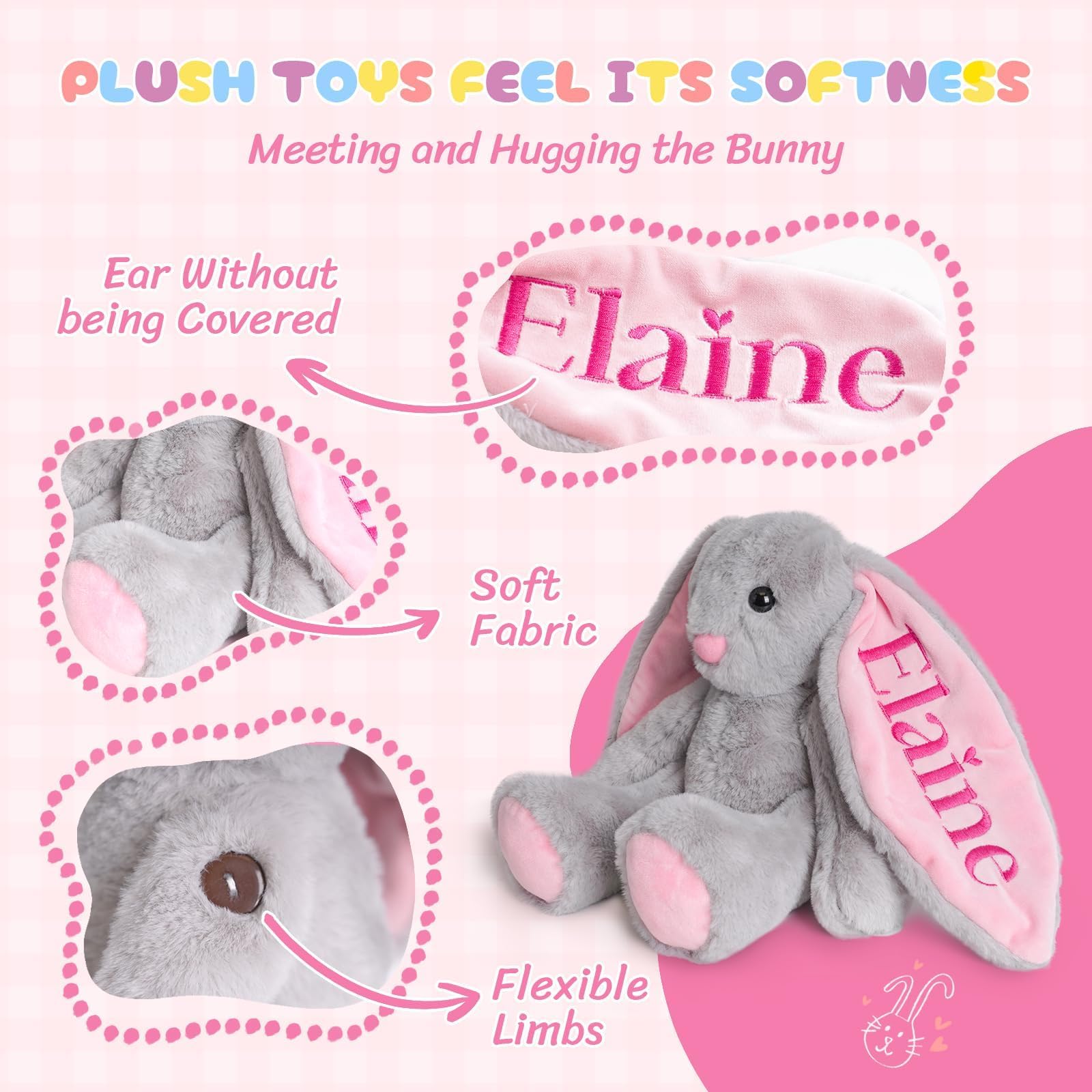 Personalized plush bunny with embroidered name, soft fabric, and flexible limbs for cuddly playtime.
