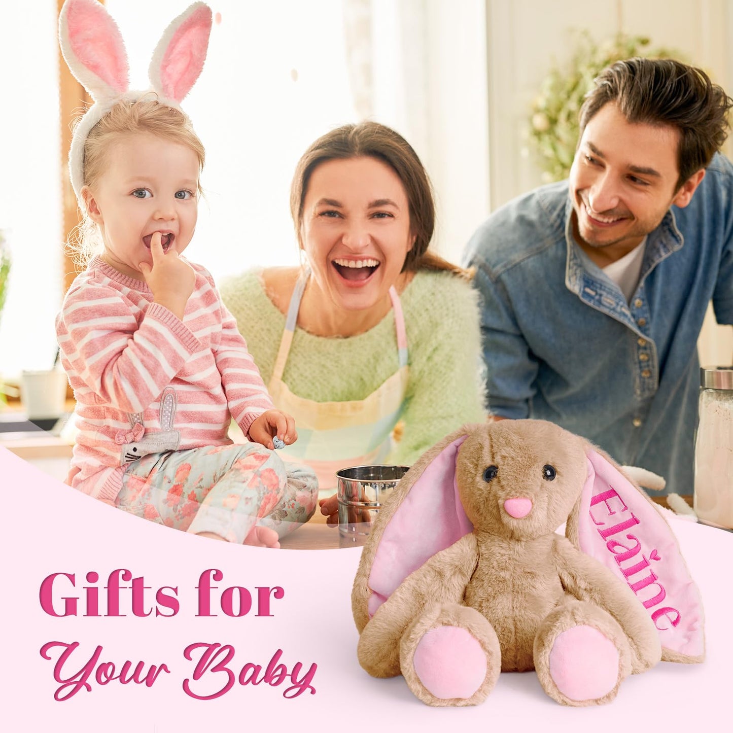 Embroidered plush bunny personalized with child's name, perfect gift idea for babies and toddlers, family enjoying playtime.