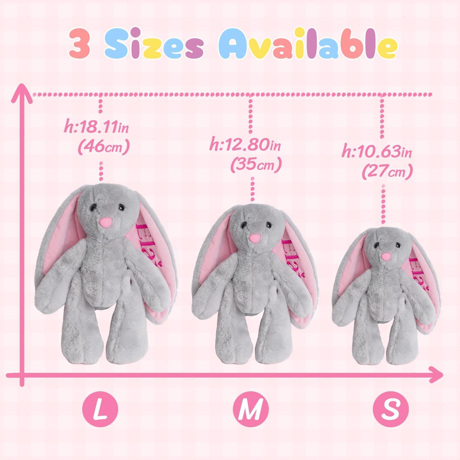 Three sizes of embroidered plush bunny available: large, medium, and small, showcasing height measurements.