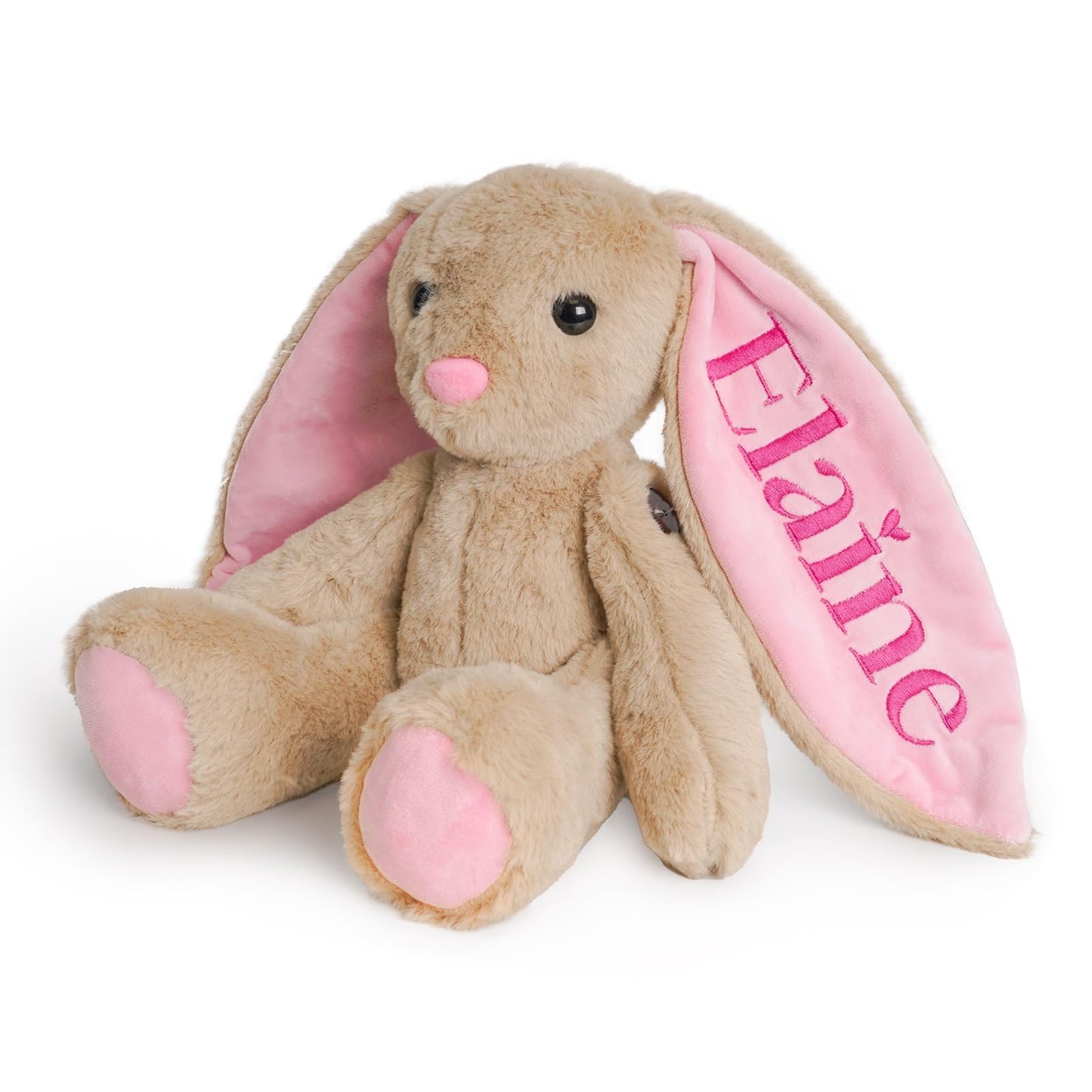 Personalized plush bunny with child's name 'Elaine' embroidered on pink inner ears, perfect gift for kids.