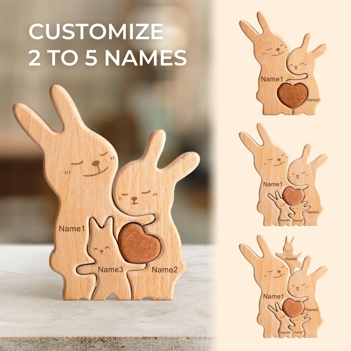 Personalized wooden rabbit family puzzle, customizable with 2 to 5 names, perfect gift for families.
