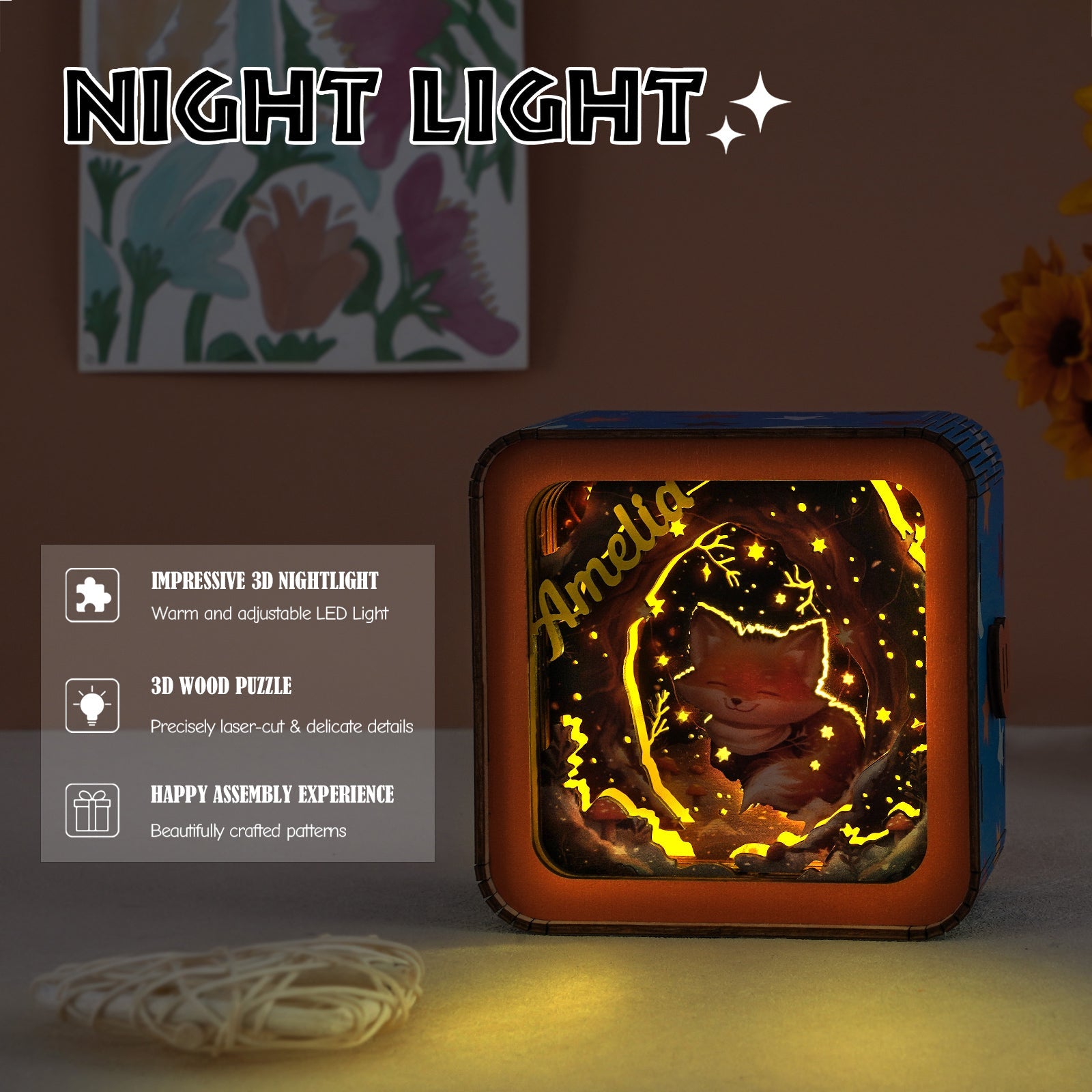 Personalized 3D Wooden Puzzle Baby Night Light - Elephant Design