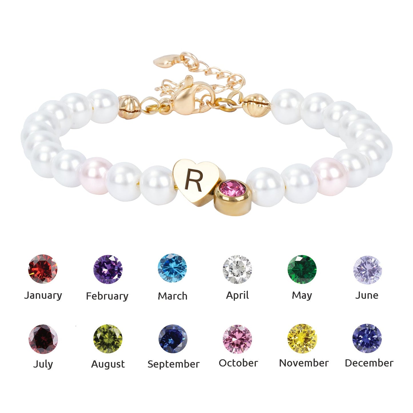 Personalized Pearl Bracelet for Girls with Birthstone and Initial Charm