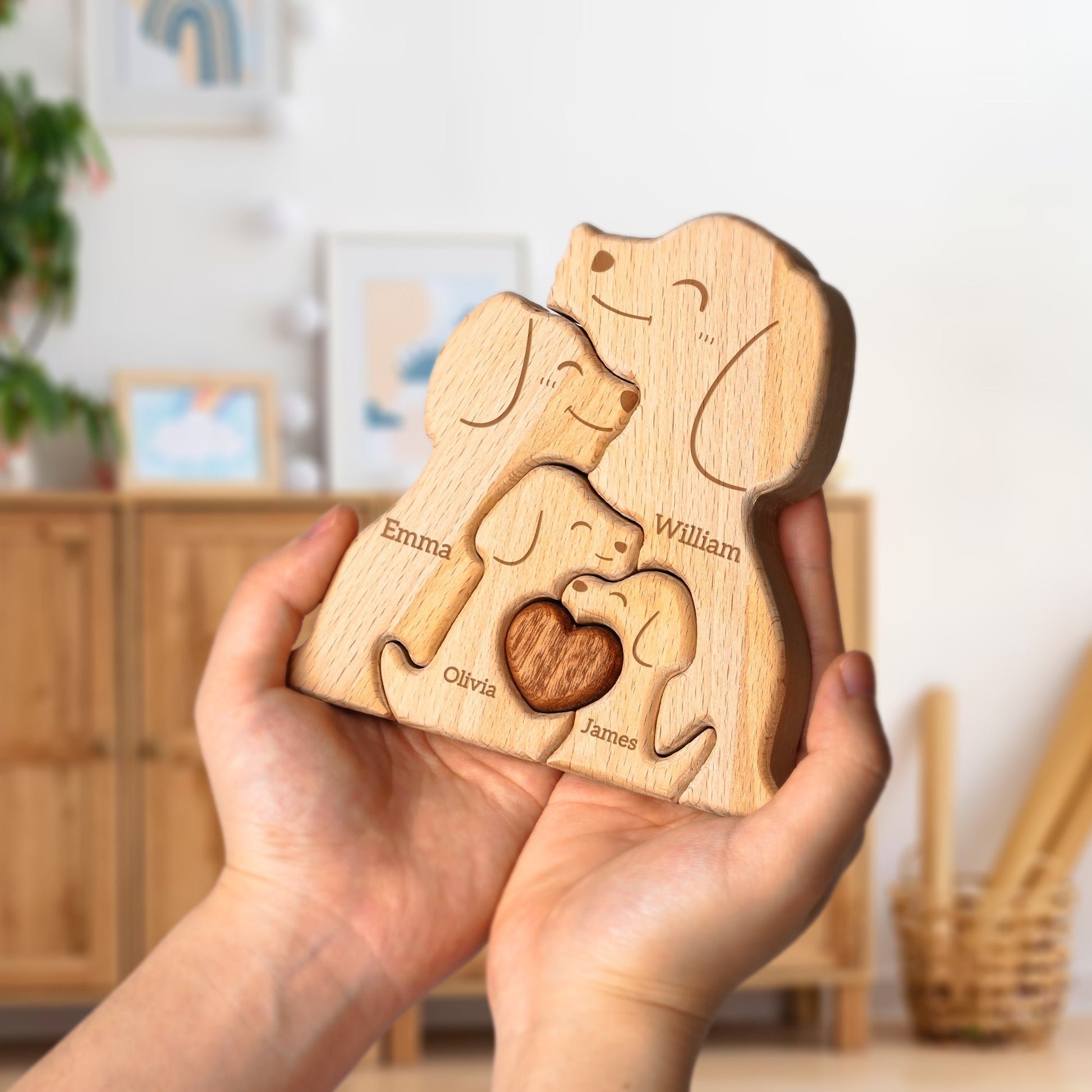 Personalized wooden dog family puzzle decor featuring names, perfect gift for families.