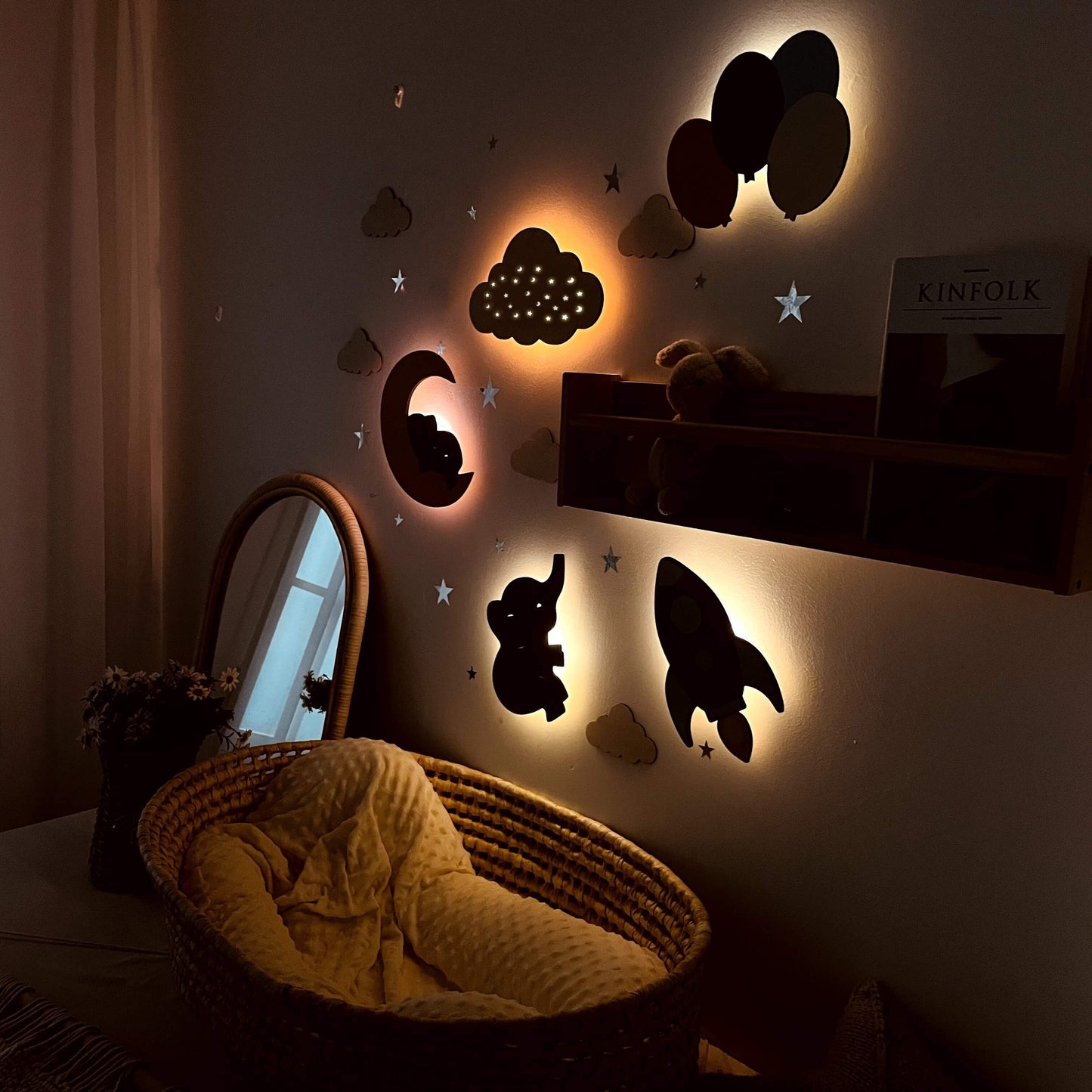 Wooden baby's room wall light set featuring dreamy night theme with stars, clouds, and playful designs for calming nursery decor.