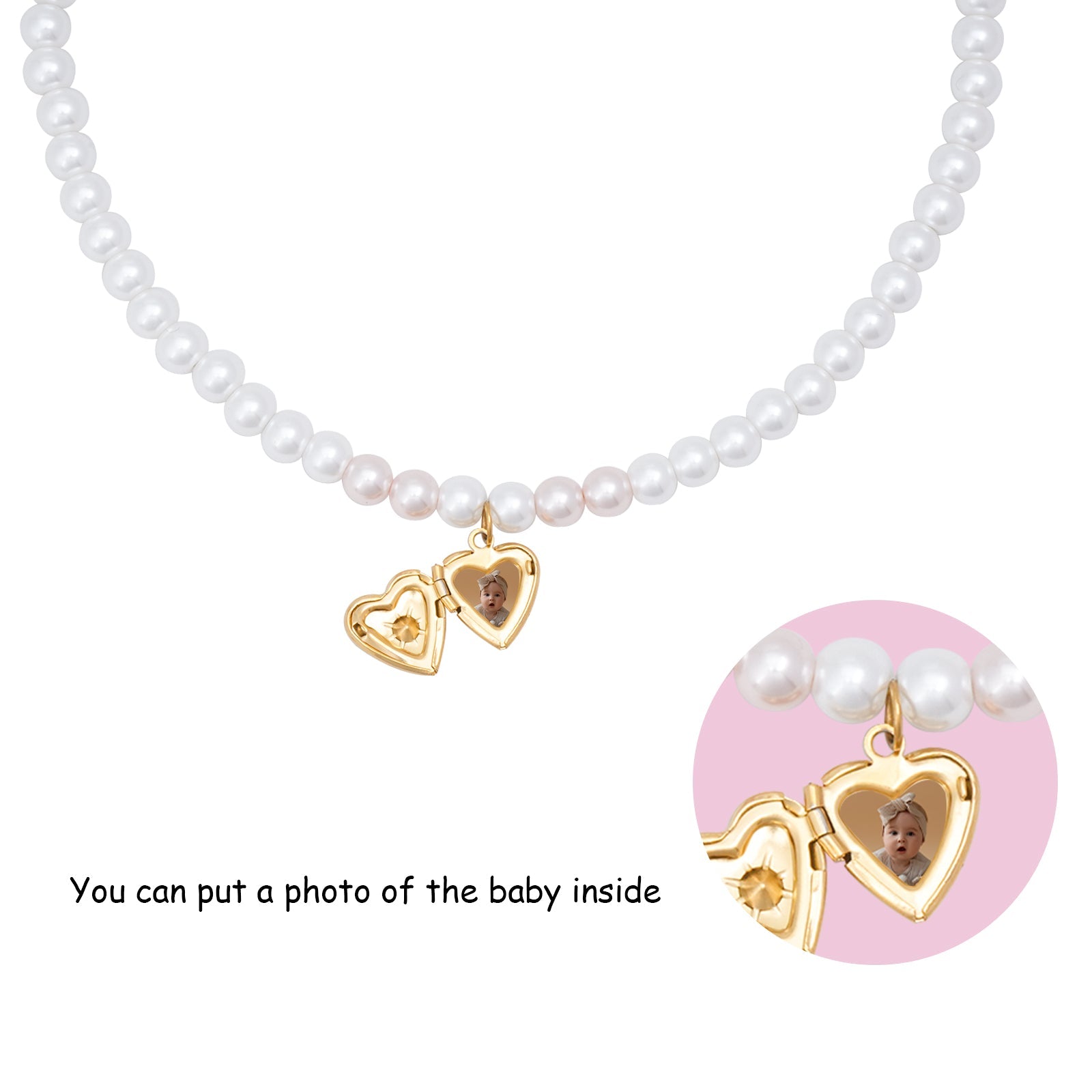 Personalized Birthstone Girl‘s Heart Locket Pearl Necklace