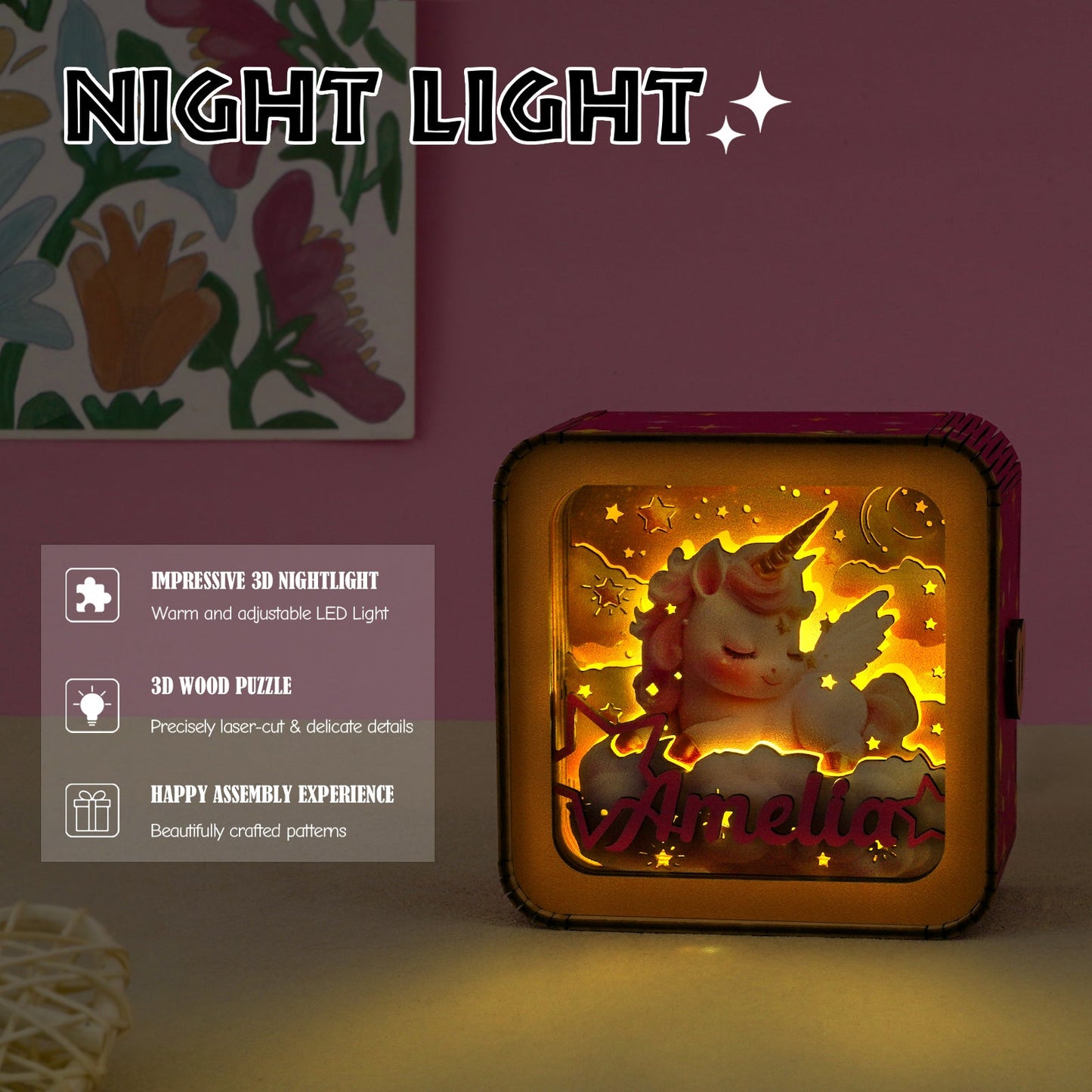 Personalized 3D Wooden Puzzle Baby Night Light - Unicorn