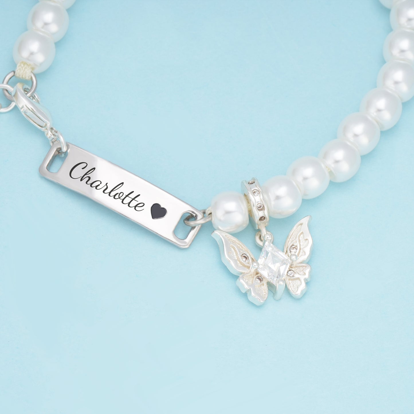 Personalized Girl's Pearl Identity Bracelet – Crystal Butterfly Charm