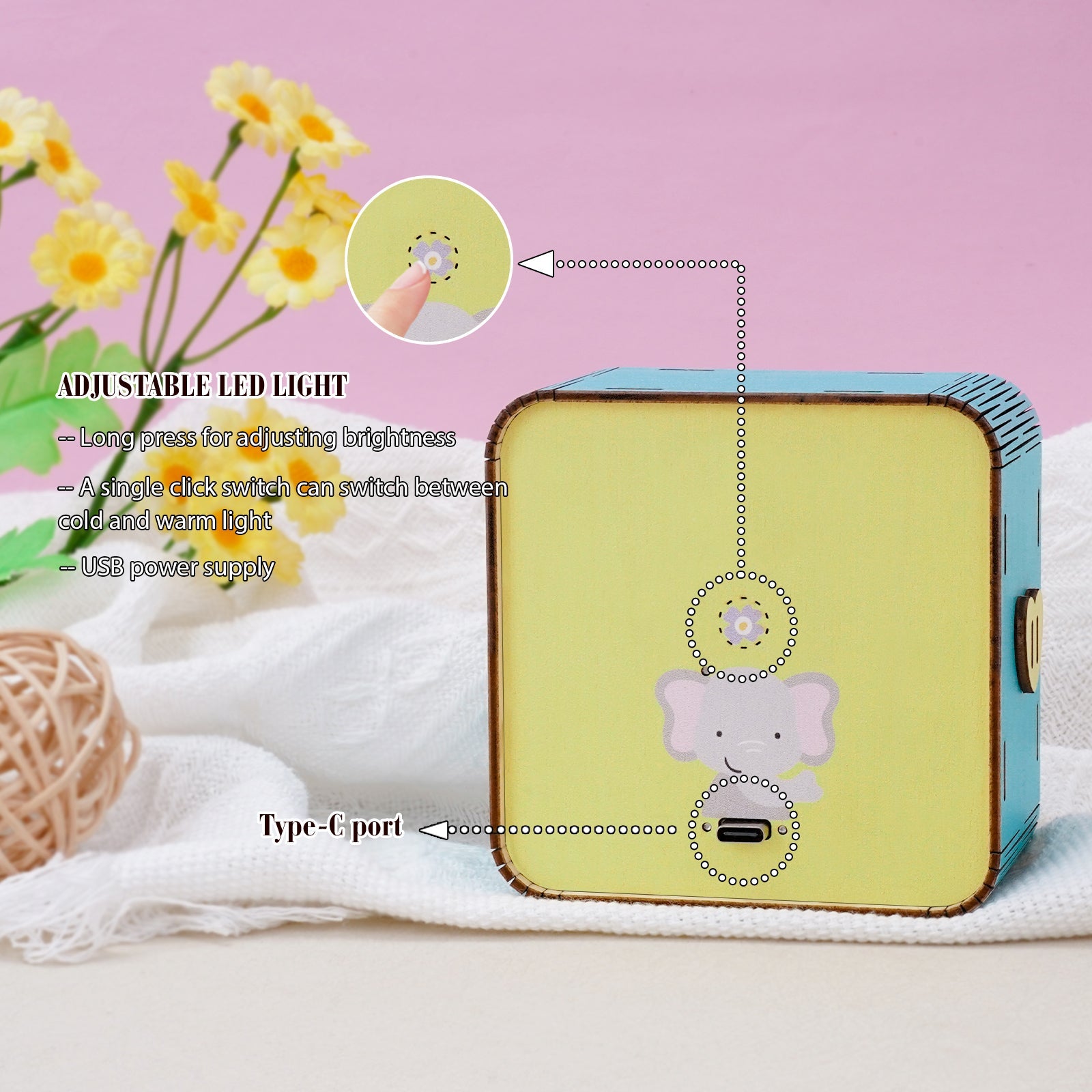 Personalized 3D Wooden Puzzle Baby Night Light - Sleeping Elephant & Moon