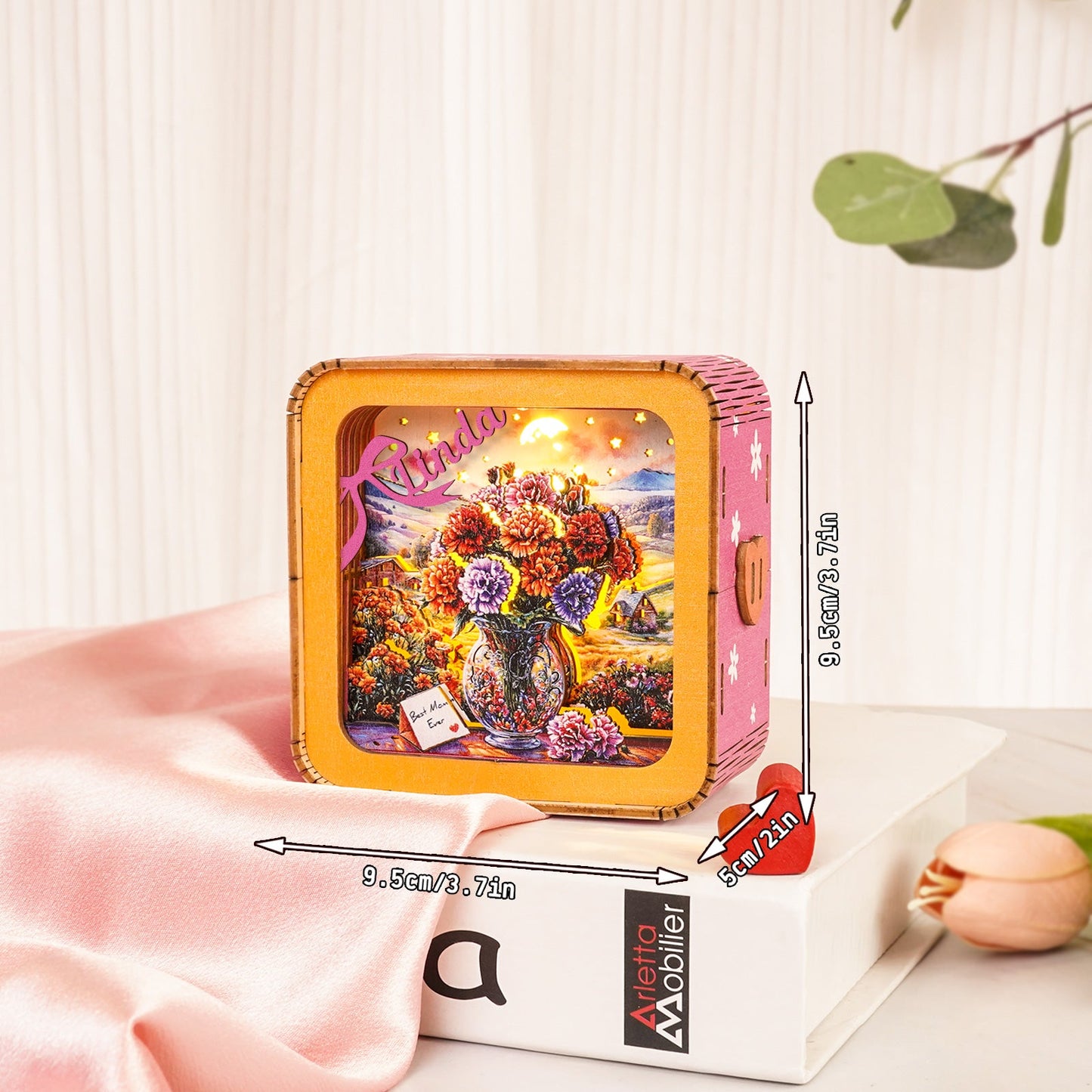 Personalized 3D Wooden Puzzle Night Light with floral vase design, ideal gift for Mother's Day.