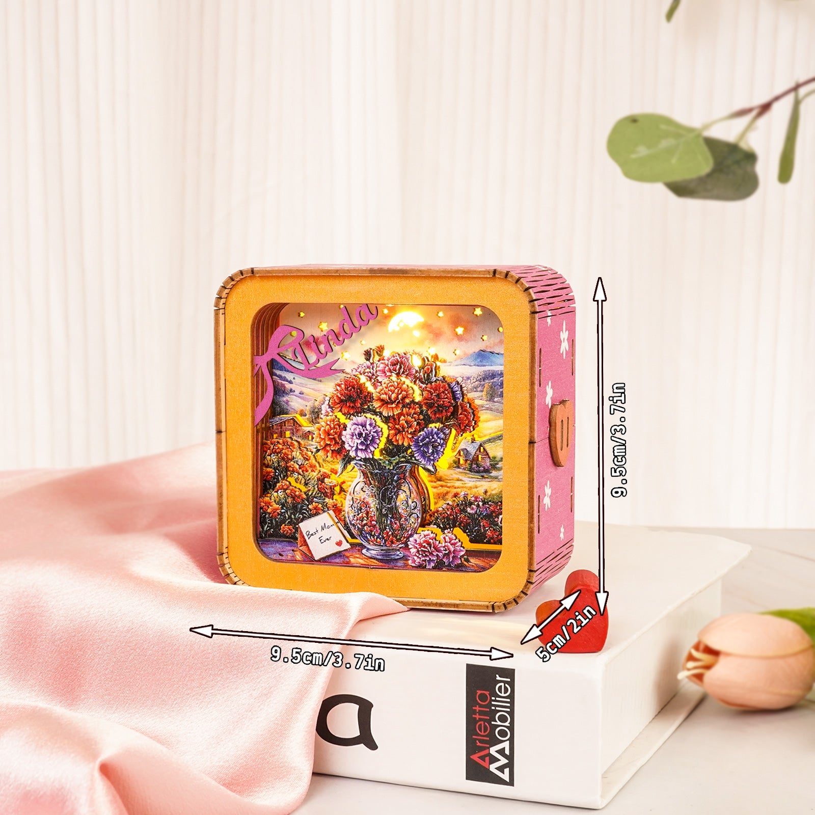 Personalized 3D Wooden Puzzle Night Light with floral vase design, ideal gift for Mother's Day.