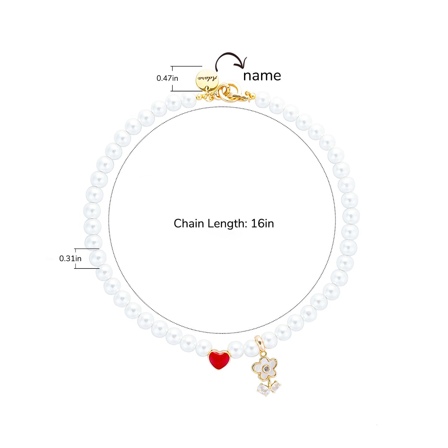 Personalized Name Girl's Heart Flower Charm Pearl Necklace