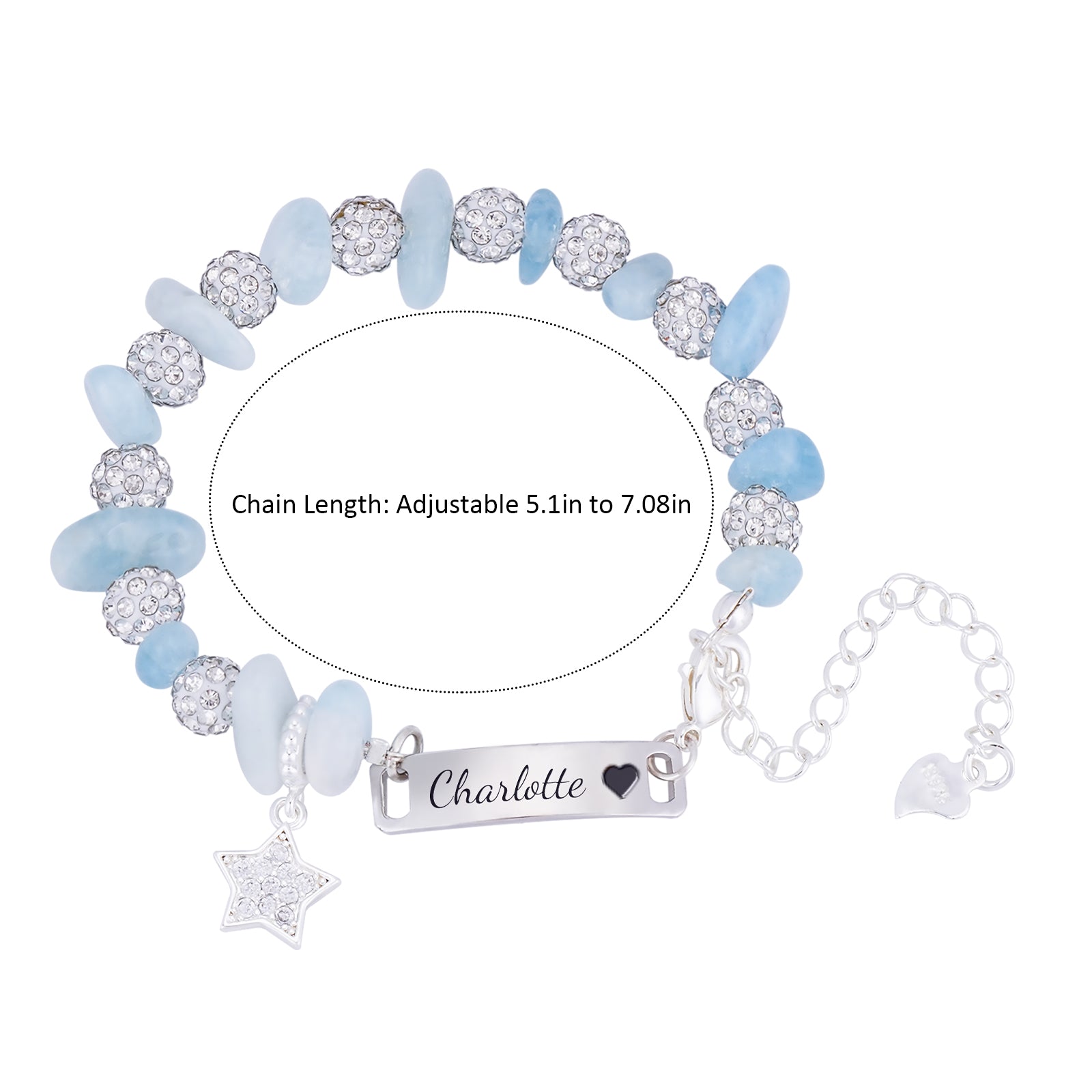 Girls Personalized Blue Crystal Name Bracelet with Star Charm