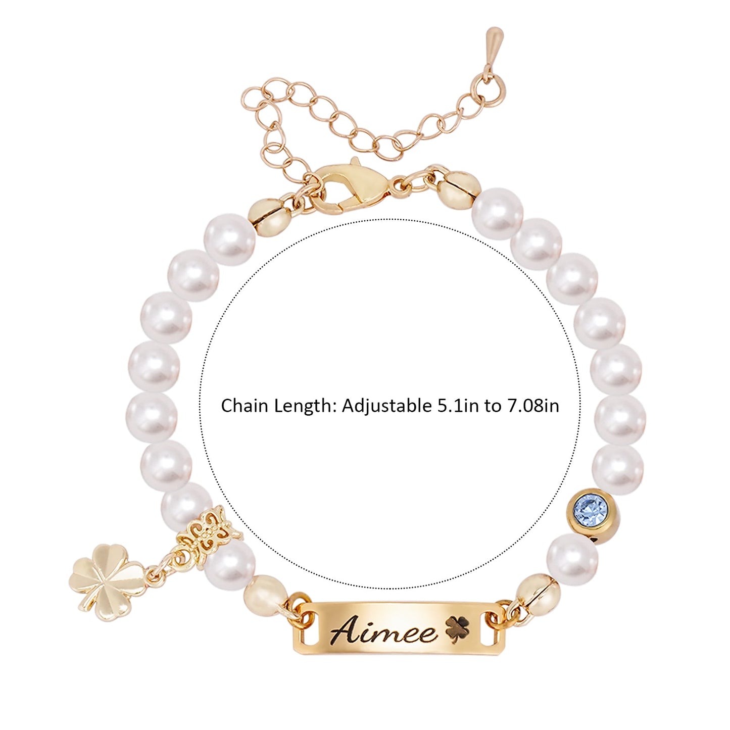 Four-leaf Clover Pendant Personalized Baby Name and Birthstone Pearl Bracelet