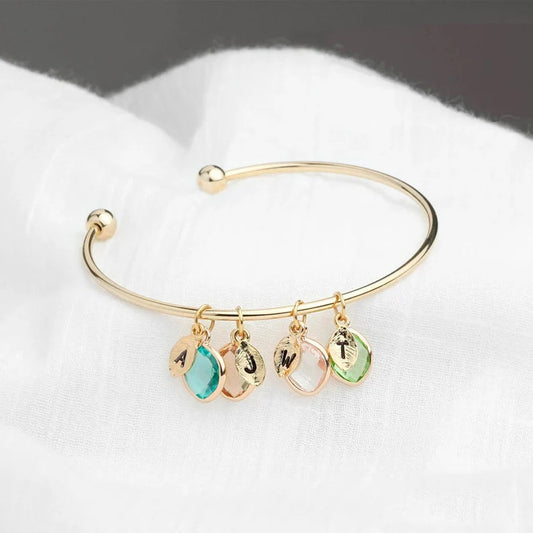 Custom Birthstone and Initial Leaf Charm Open Bracelet