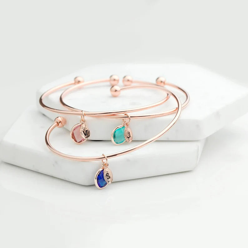 Custom Birthstone and Initial Leaf Charm Open Bracelet