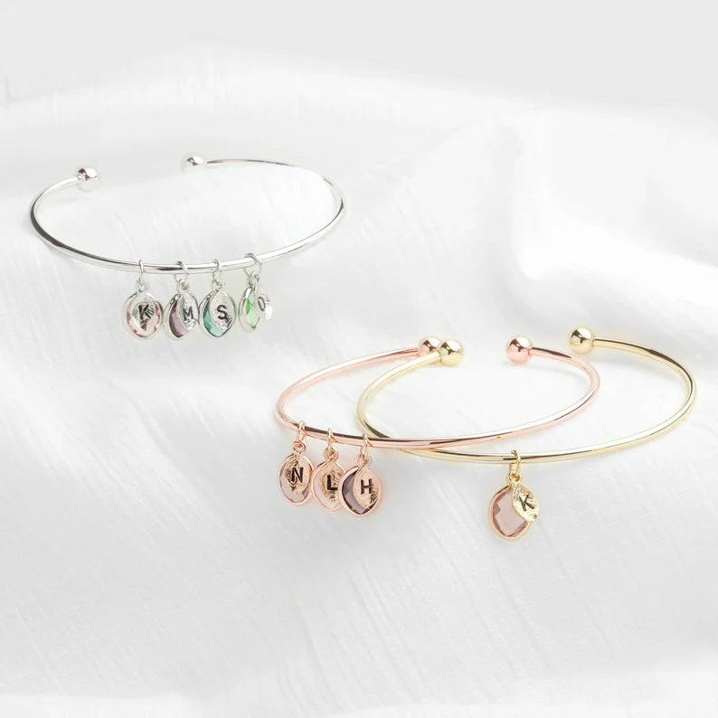 Custom Birthstone and Initial Leaf Charm Open Bracelet