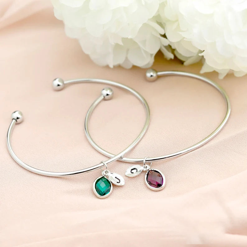 Custom Birthstone and Initial Leaf Charm Open Bracelet