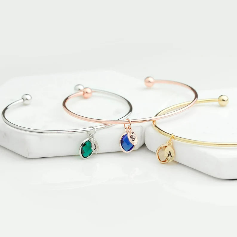 Custom Birthstone and Initial Leaf Charm Open Bracelet
