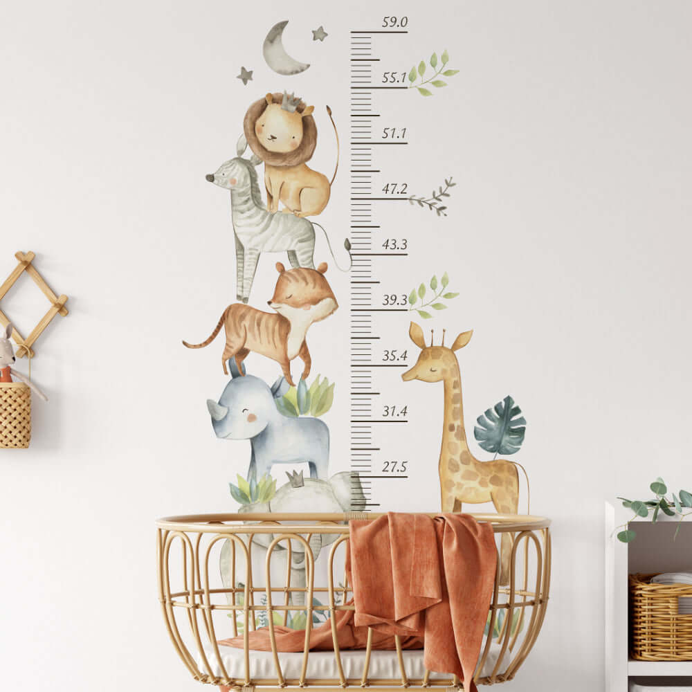 Cute Safari Animals Growth Chart Stickers Wall Decals