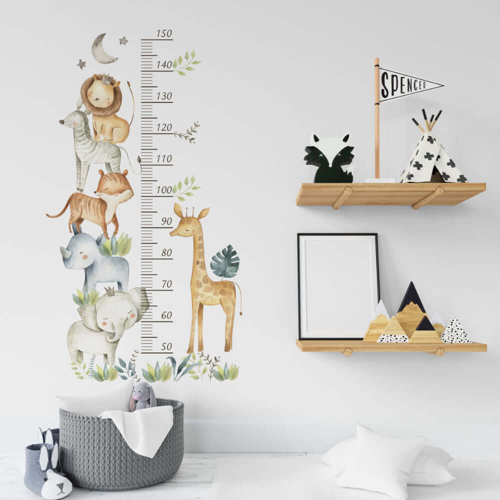 Cute Safari Animals Growth Chart Stickers Wall Decals