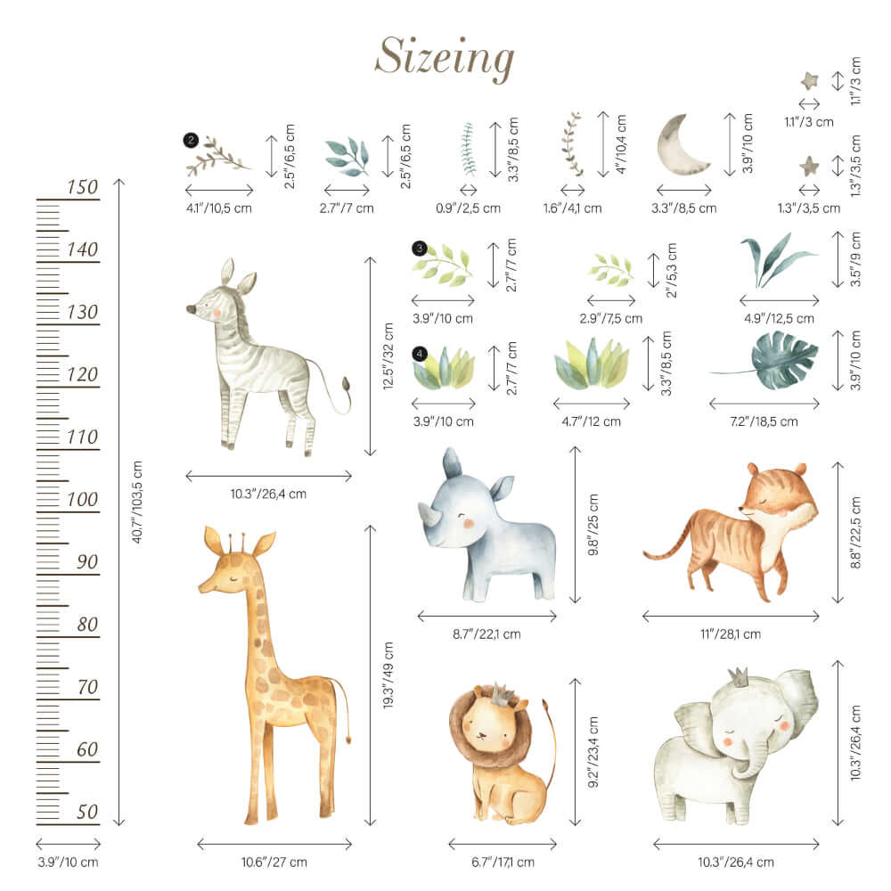 Cute Safari Animals Growth Chart Stickers Wall Decals