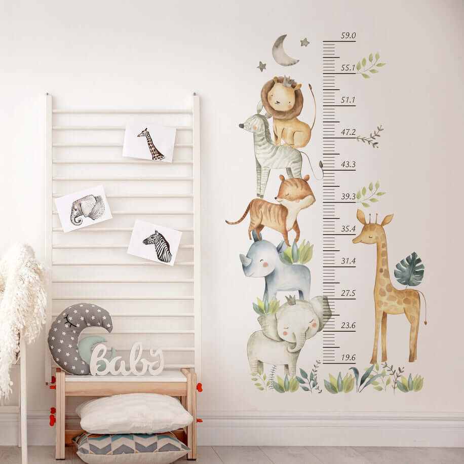Cute Safari Animals Growth Chart Stickers Wall Decals